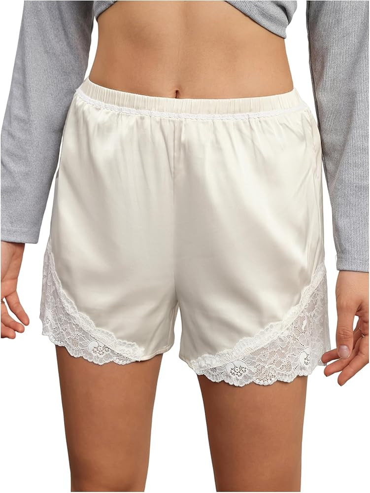 WDIRARA Women's Satin Lace Trim Shorts Elastic Waist Summer Lounge Shorts | Amazon (US)