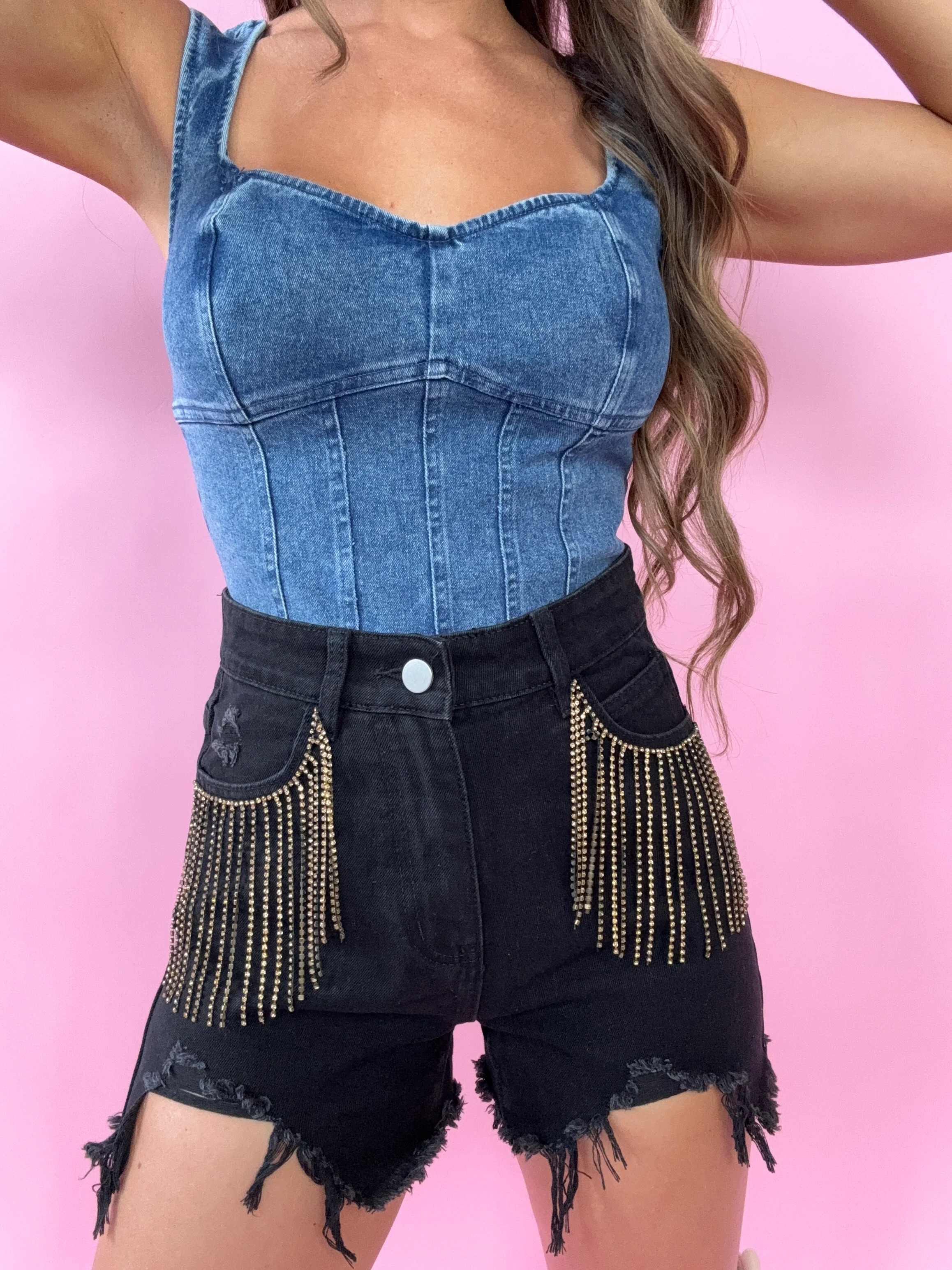 Kendra Rhinestone Denim Shorts - Black | Willow Boutique