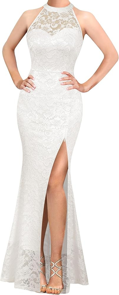 VFSHOW Womens Formal Sexy Halter High Slit Prom Wedding Guest Maxi Dress 2023 Illusion Sweetheart... | Amazon (US)