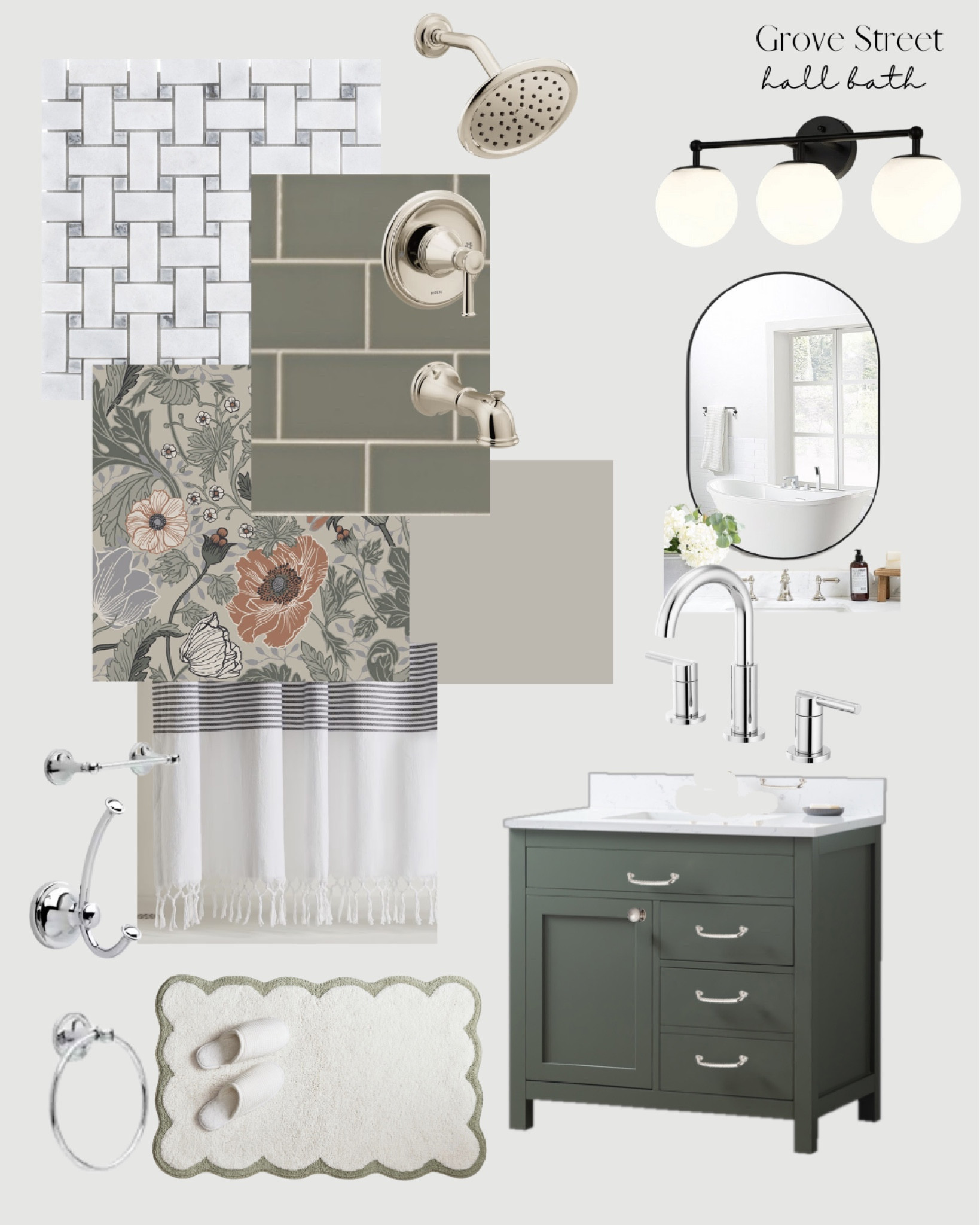 Shop our new hall bathroom design! Wallpaper is Anemone by A Street Prints, purchased from Hirshfield’s paint stores. Paint color is Chiseled Stone by Hirshfield’s. Basketweave marble tile is from Floor & Decor. Green wall tile is from The Tile Shop!

#LTKHome