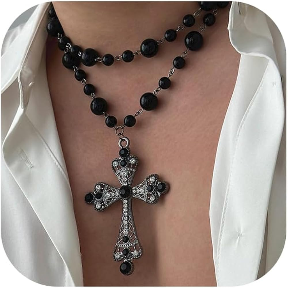 Gothic Pearl Cross Necklace Chunky Long Cross Layered Pendant Necklaces Gothic Double Vintage Pun... | Amazon (US)