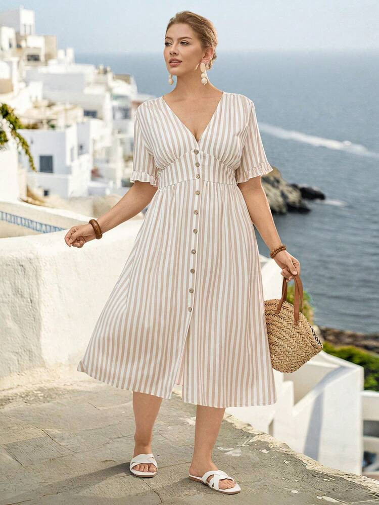 SHEIN Plus-Size Woven Striped Summer Women's Dress Coastal Dress Women Vacation Dress Midi Summer Dress Striped Midi Dress Casual Midi Dress Greece Vacation Outfits Women Italy Summer Dress Woman Dress Summer | SHEIN