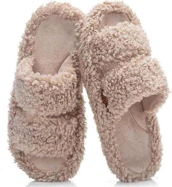 Women's Fuzzy Open-toe Bowknot & Double-Strap Slippers, Memory Foam Non-Slip Indoor House Slides | Amazon (US)