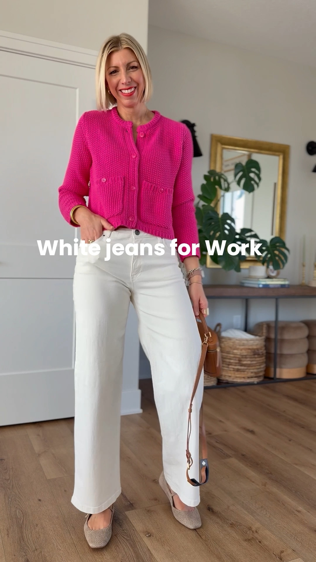 This makes the perfect work wear look with white denim, a pink Lady cardigan, ballet flats, & handbag 
wearing medium sweater + size 28 jeans 

#LTKFindsUnder100 #LTKOver40 #LTKWatchNow