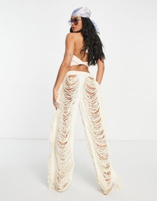 Thrifts + Threads exaggerated fray detail wide leg trouser in cream | ASOS (Global)