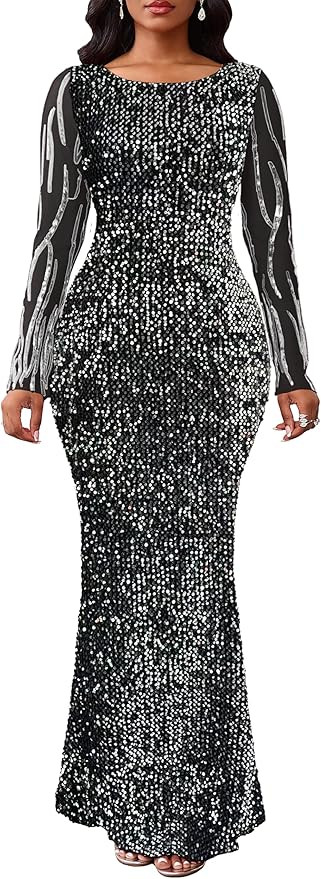 VERWIN Women's Sequins Bodycon Round Neck Long Sleeve Sparkly Mermaid Maxi Dress for Casual Party... | Amazon (US)