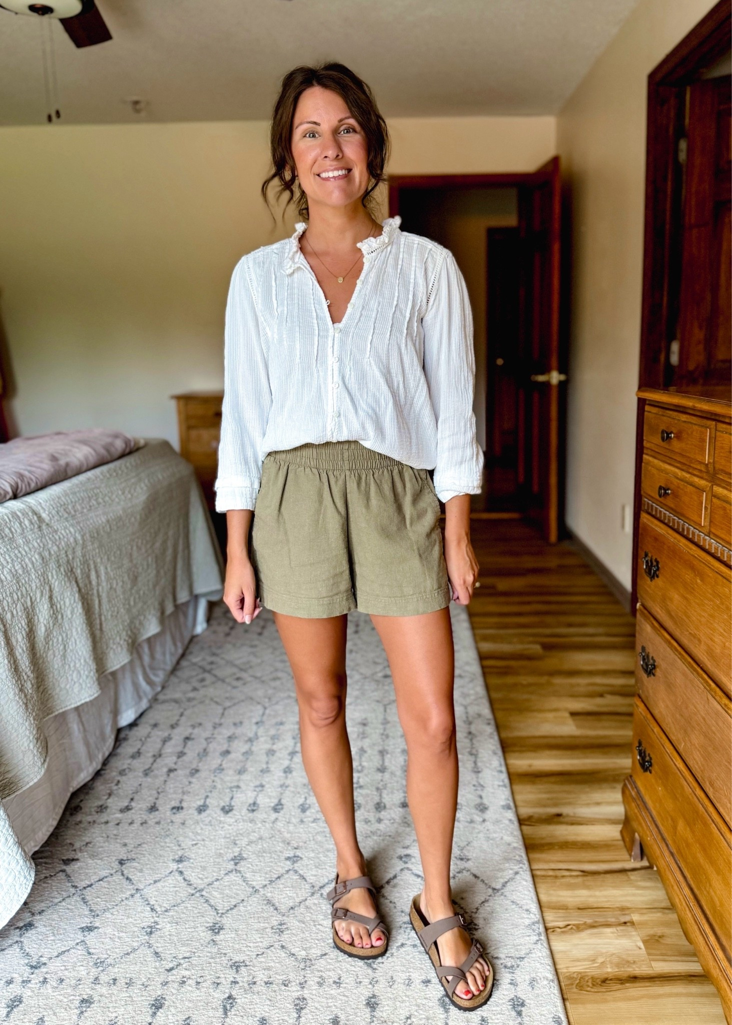 Wearing xs in this white cotton blouse and xxs in the linen shorts (they run bigger so I sized down).

My sandals fit best a size down and I also linked similar!

#LTKgrwm #LTKPetite #LTKmomlife