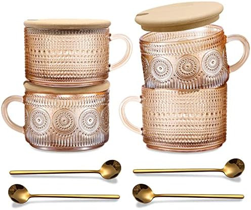 Amber Vintage Glass Coffee Mugs gifts for women, 14 Oz Set of 4 Embossed Glassware Tea Cups for B... | Amazon (US)