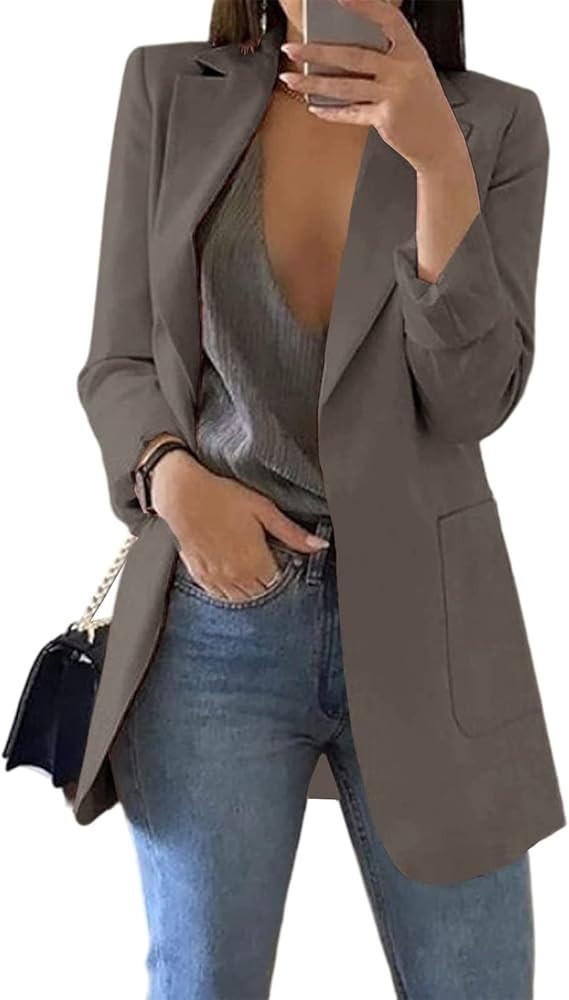 Cnkwei Womens Casual Blazers Open Front Long Sleeve Lapel Collar Work Office Jacket | Amazon (US)