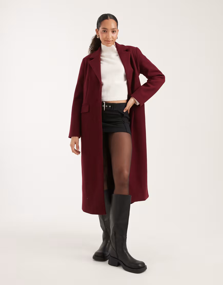 Pieces maxi formal coat in burgundy-Red | ASOS (Global)