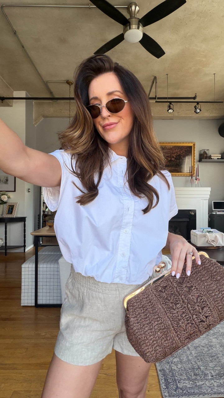 Not so basic, basic white button down. Cap sleeve and cropped. Breast feeding friendly paired with linen elastic waistband shorts and accessories all from Target!

#LTKootd