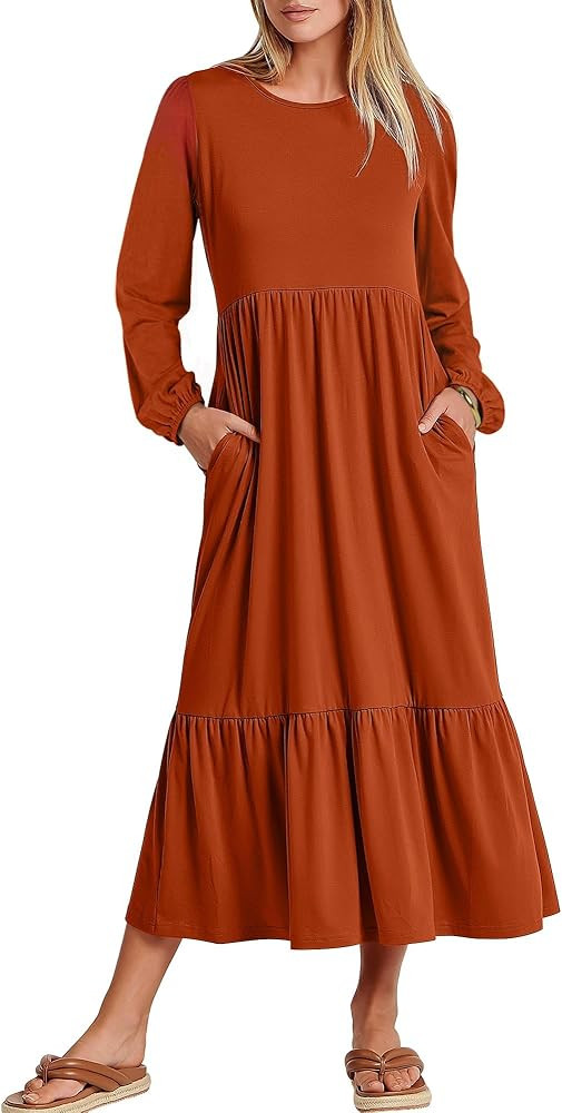 Women's Casual Long Sleeve Midi Dress 2024 Fall Crewneck A Line Tiered Flowy Loose Trendy Dresses... | Amazon (US)