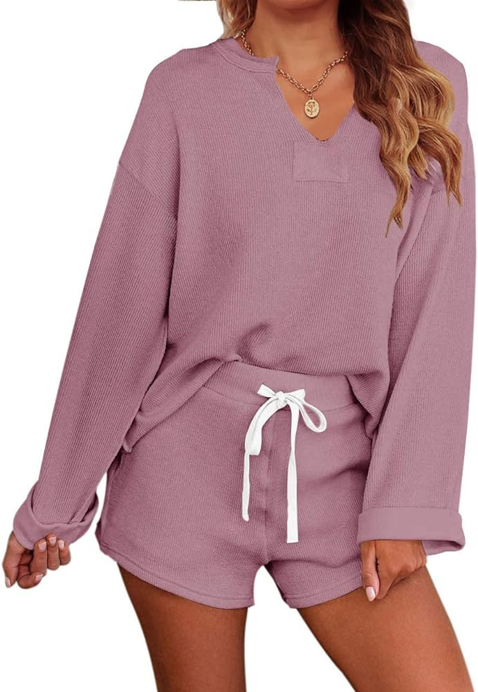 MEROKEETY Women's Long Sleeve Pajama Set Henley Knit Tops and Shorts Sleepwear Loungewear | Amazon (US)