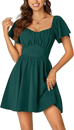 Rooscier Women's Tie Back Square Neck Wrap Ruffle Short Sleeve Flare Flowy Party Cocktail Short M... | Amazon (US)