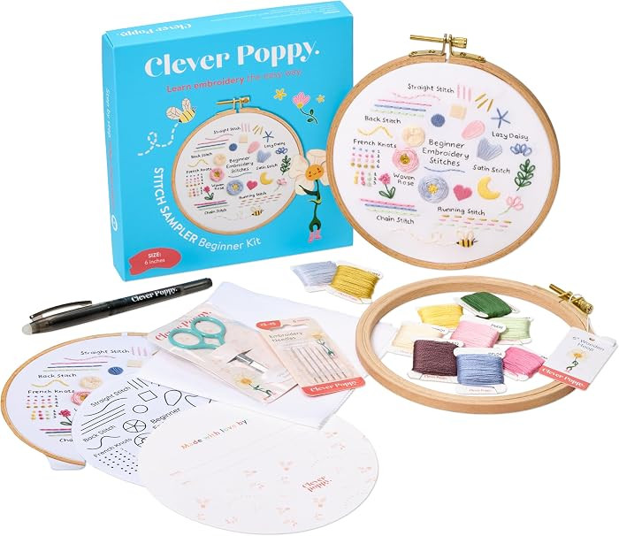 Clever Poppy Stitch Sampler Beginner Embroidery Kit \u2013 Easy Embroidery Kit for Beginners with... | Amazon (US)