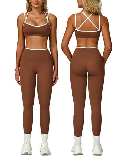 2 Piece Workout Sets for Women Cami Straps Cross Back Color Block Sports Bras Matching High Waist Tummy Control Leggings Clothes Womens Two Piece Athletic Set Gym Wear Active Yoga Outfit Brown M | Amazon (US)