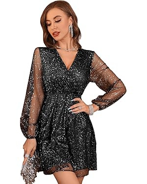 Floerns Women's Lantern Long Sleeve V Neck Mesh Cocktail Party Short Dress Without Belt | Amazon (US)