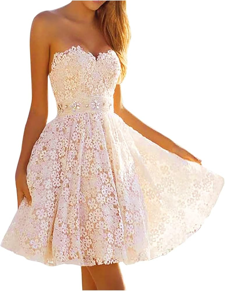 Womens Short Wedding Dress Strapless Sleeveless Floral Lace Mini Tube Top Dress A-Line Swing Cock... | Amazon (US)