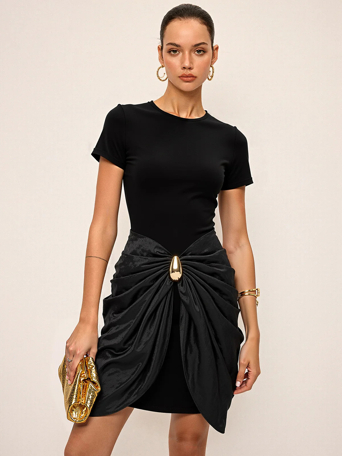 Short Sleeve Ruched Metal Buckle Dress | Commense