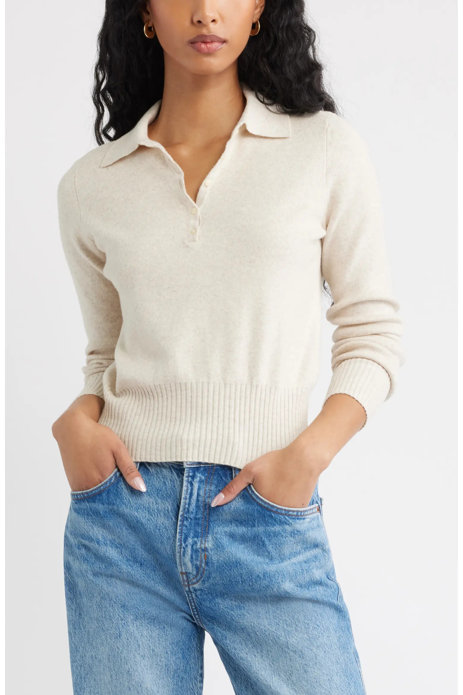 Open Edit Long Sleeve Polo Sweater (Women) | Nordstrom | Nordstrom