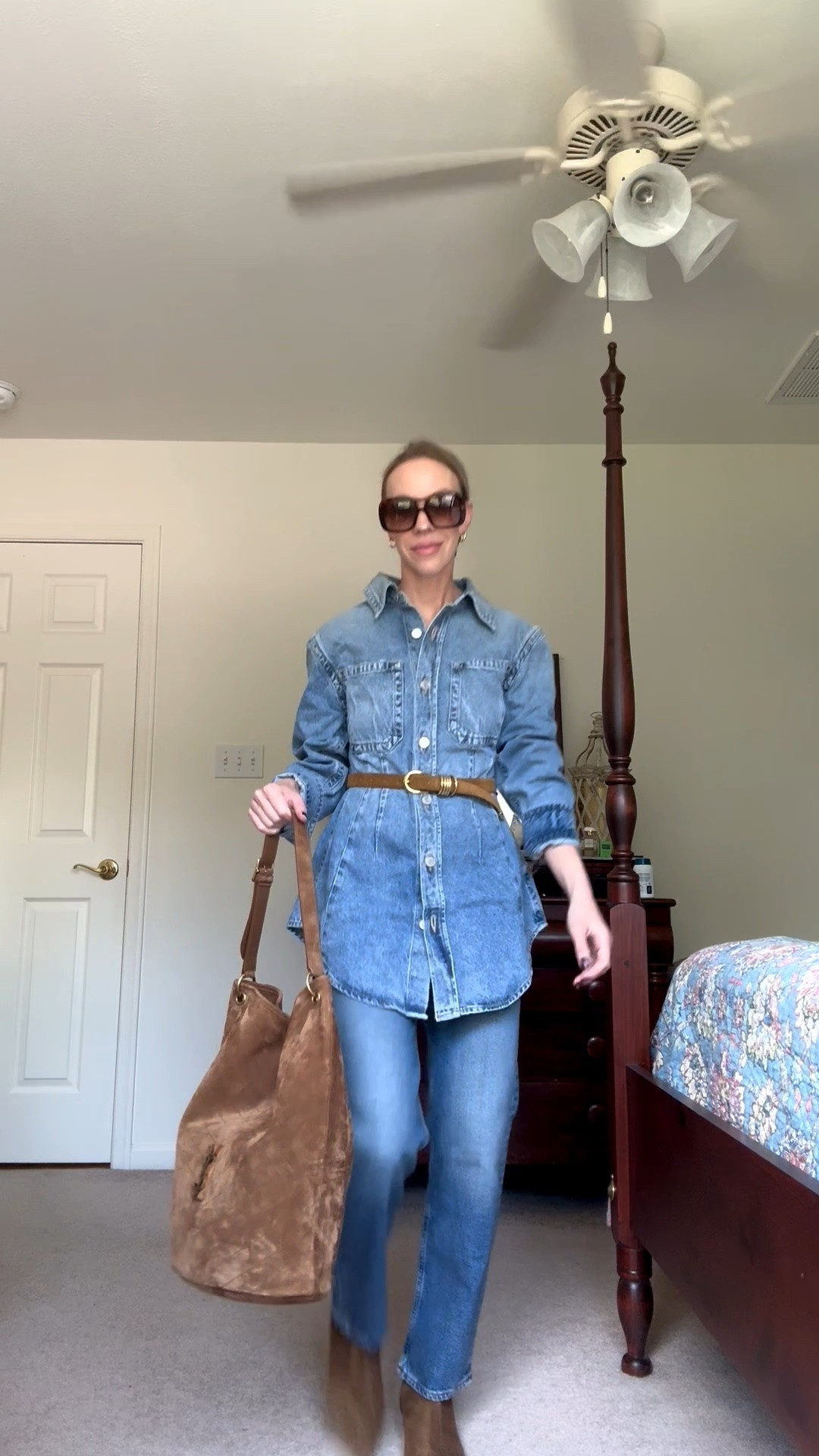 All denim early fall outfit, denim on denim, AGOLDE denim shirt, suede belt (on major sale!)

#LTKSeasonal #LTKOver40 #LTKSaleAlert