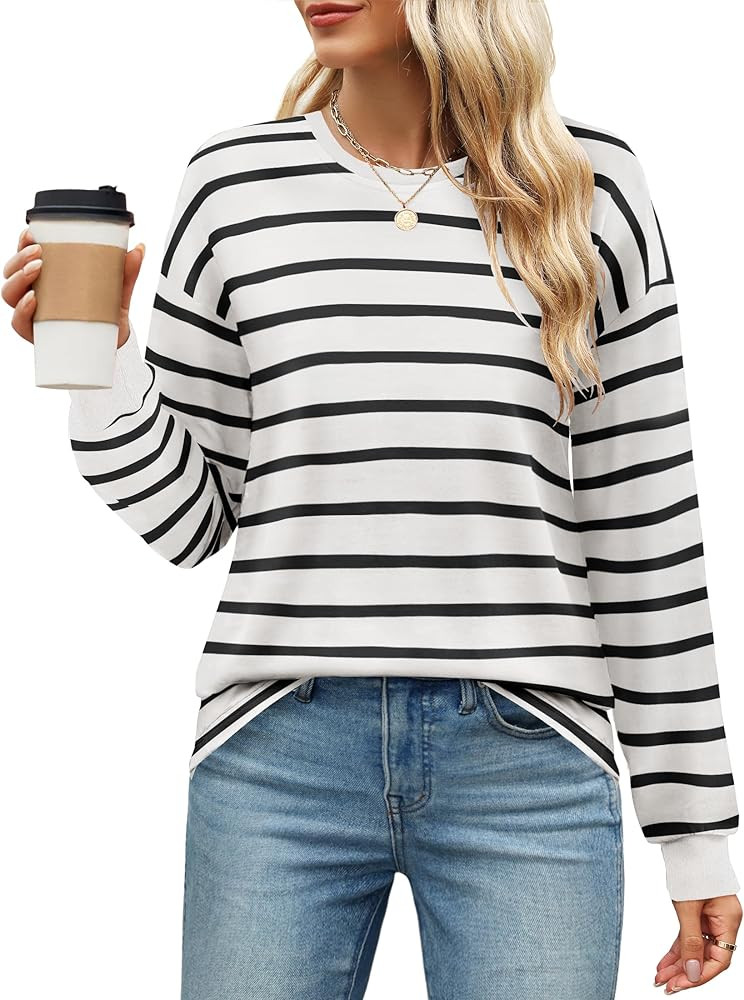 ZESICA Womens Long Sleeve Striped Shirts Fall Crewneck Casual Loose Fit Tunic Tops | Amazon (US)