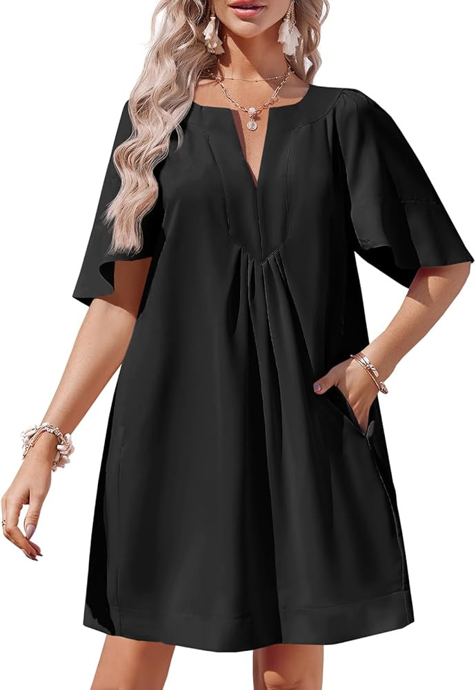 Wenrine Womens Flutter Short Sleeve Mini Dress Casual V Neck Loose Flowy Summer Dresses | Amazon (US)