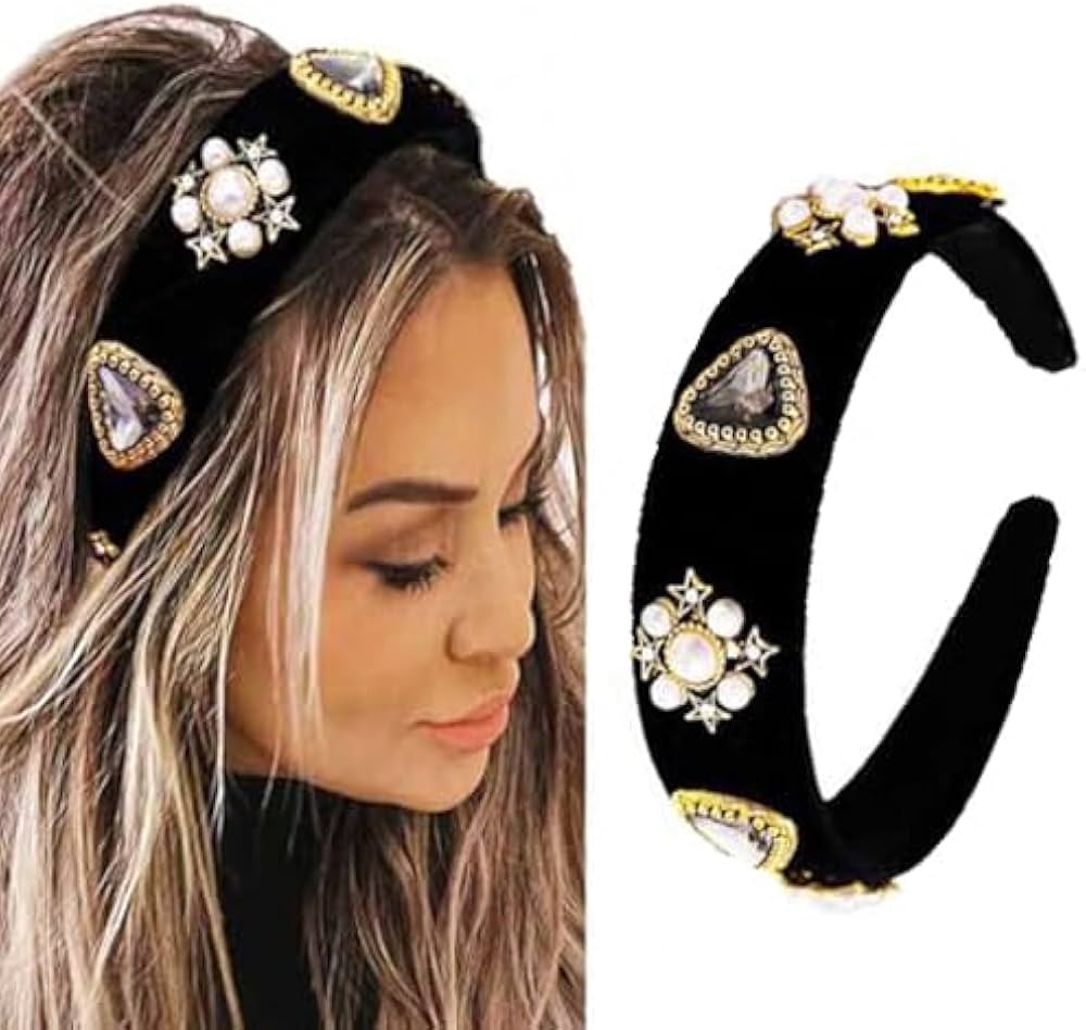 Black Baroque Headbands Pearl Rhinestones Wide Headband Velvet Jeweled Hair accessories for Women... | Amazon (US)
