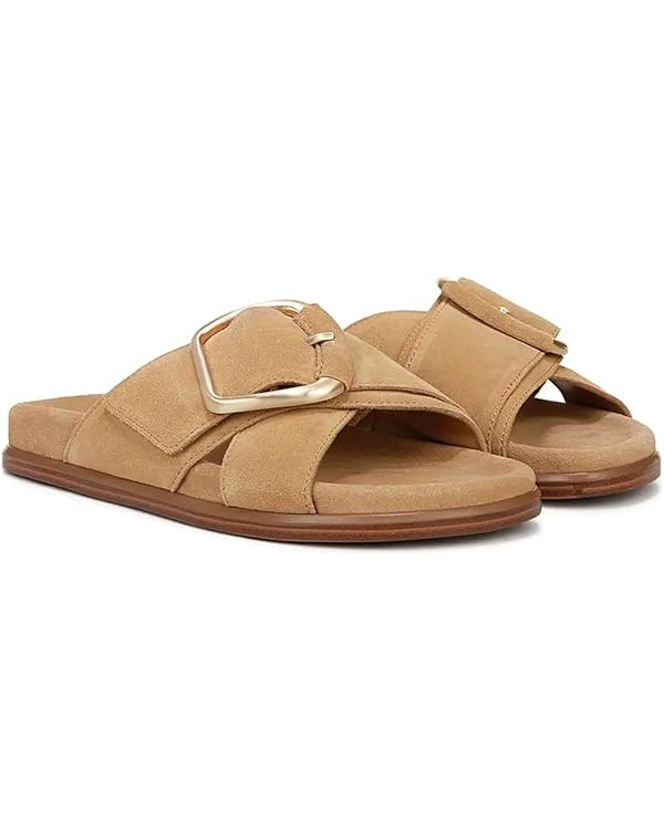 Flat Sandals for Women Comfortable Slide Sandals Summer Suede Leather Slides Vacation Beach Shoes | Amazon (US)