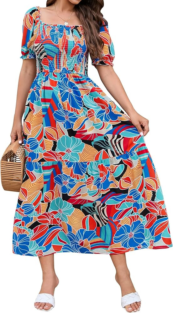 ZESICA Women's 2025 Summer Boho Floral Print Square Neck Ruffle Swing Beach Long Maxi Dress | Amazon (US)