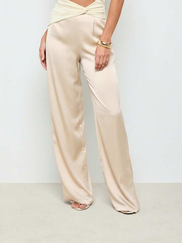 AiiRZ High Waisted Wide Leg Satin Flare Trousers With Twist Front Detail | SHEIN