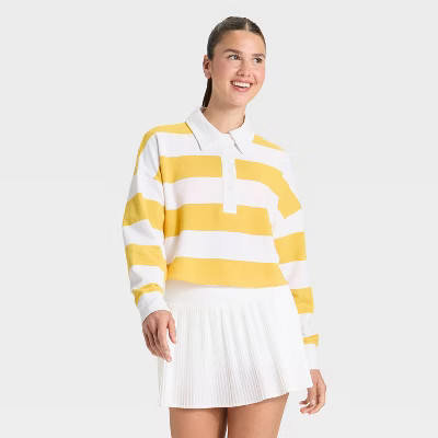 Women's Game Day Striped Cropped Long Sleeve Polo T-Shirt - JoyLab™ Yellow Gold 1X | Target