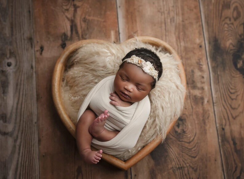 Flower Bow Heart Tieback * Layer SOLD OUT * Stretch Wrap * Newborn Boho Photo Prop * Natural Beig... | Etsy (US)