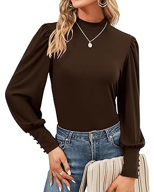 Qirno Womens Mock Neck Puff Long Sleeve Tops Casual Loose Solid Basic T Shirt Button Cuffs Pullov... | Amazon (US)
