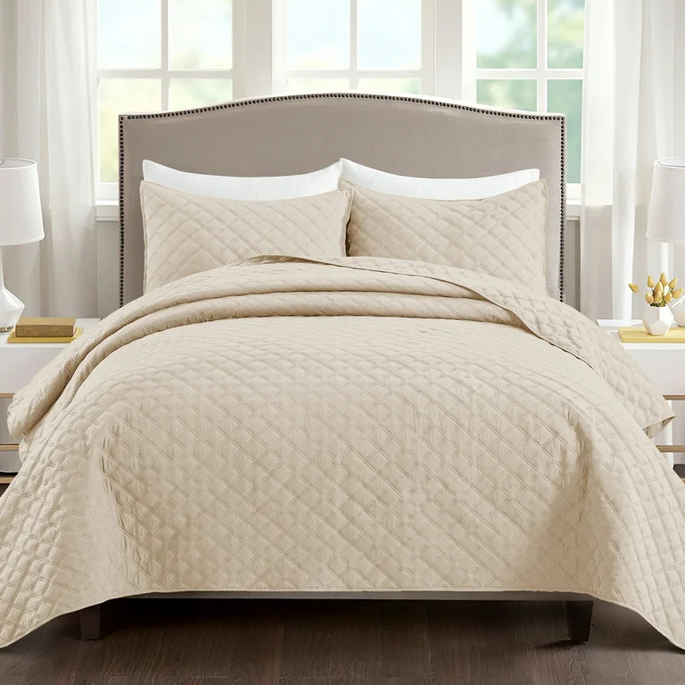 Exclusivo Mezcla Brich Beige Queen Quilt Set, Box Pattern Ultrasonic Lightweight Bedspreads, Soft... | Walmart (US)