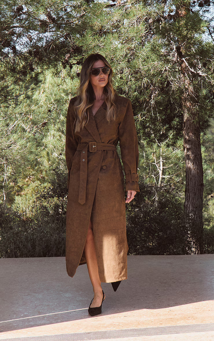 Chocolate Croc Suede Trench Coat | PrettyLittleThing UK