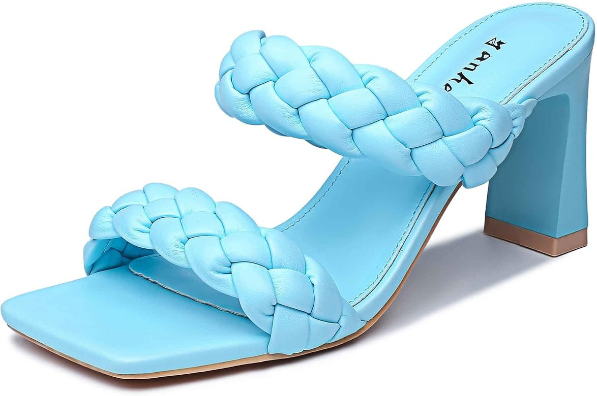 Women's Braided Heeled Sandals Square Block Chunky Heel Mules Open Toe Slip On Dress Sexy Strappy Ba | Amazon (US)