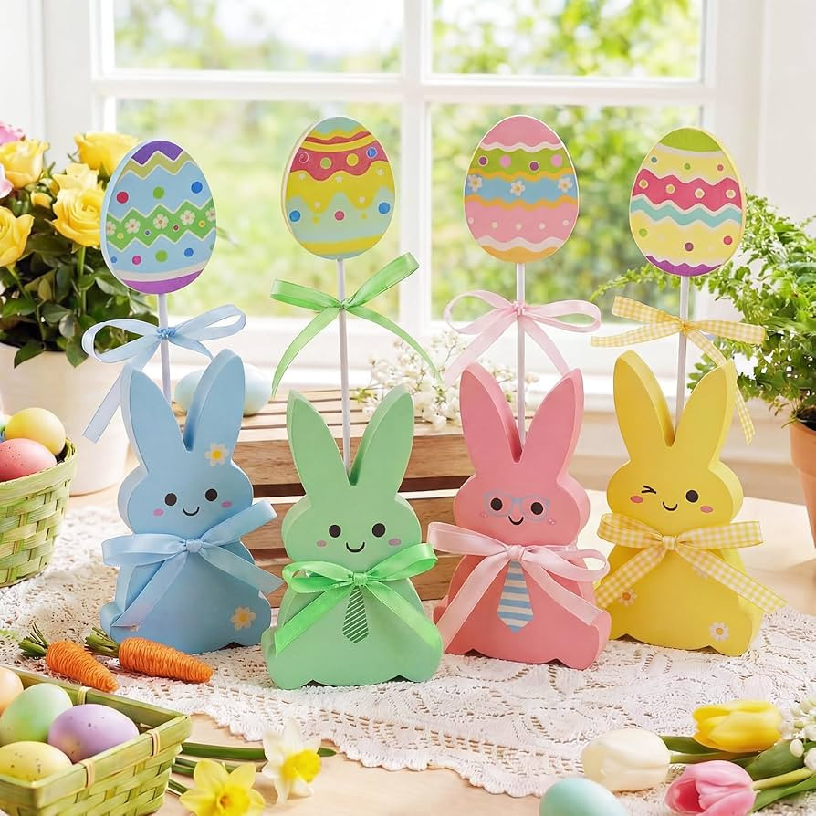Easter Decorations, 8 PCS Wooden Bunny & Egg Peeps Signs with Hemp Rope Ribbon for Mantel Table S... | Amazon (US)