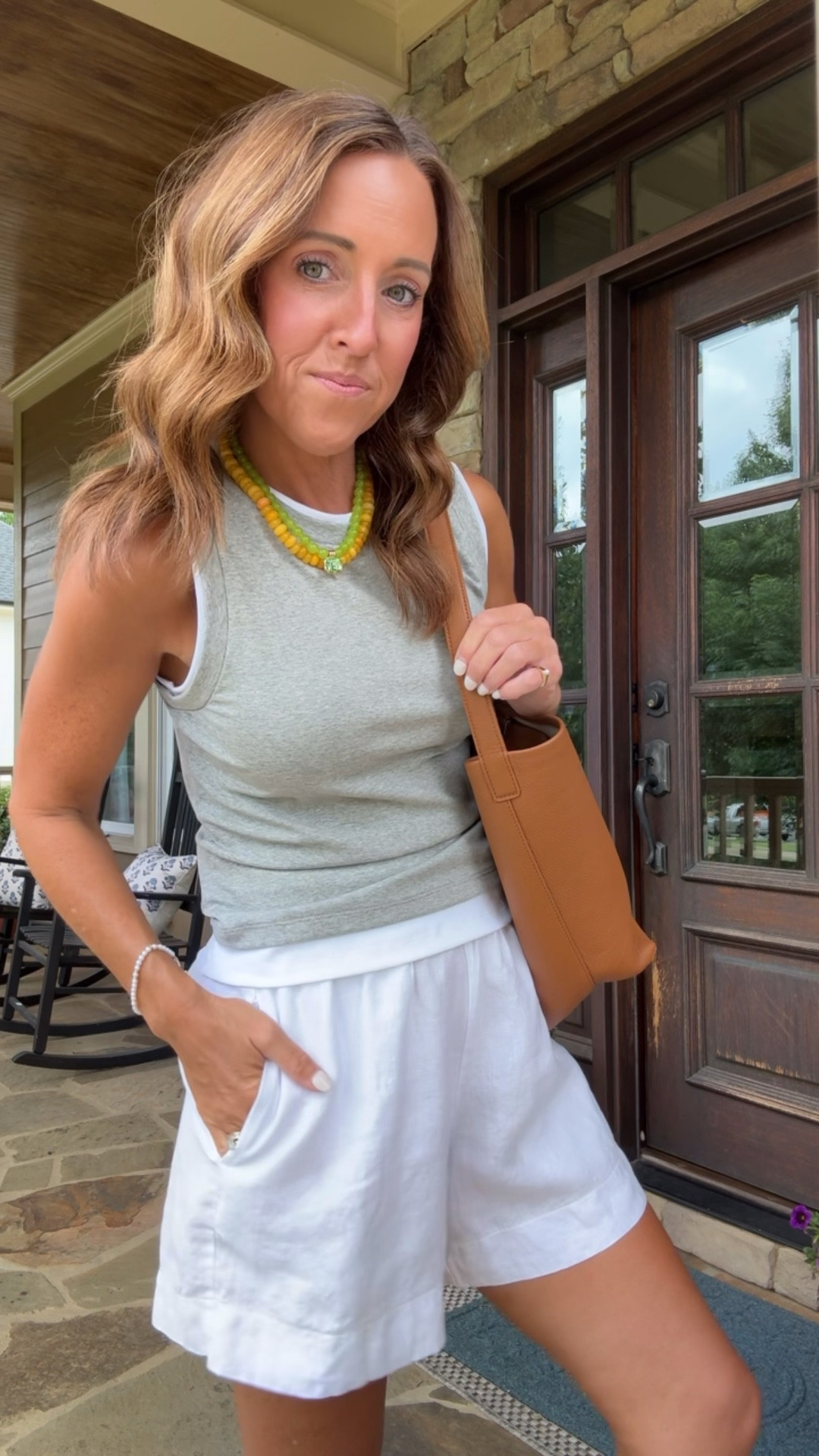 Summer neutrals. Twofer tank. Linen shorts. Bucket bag. Beaded necklaces. 
Tank XS. Shorts XS. Bag small size.

#LTKootd #LTKSeasonal #LTKOver40