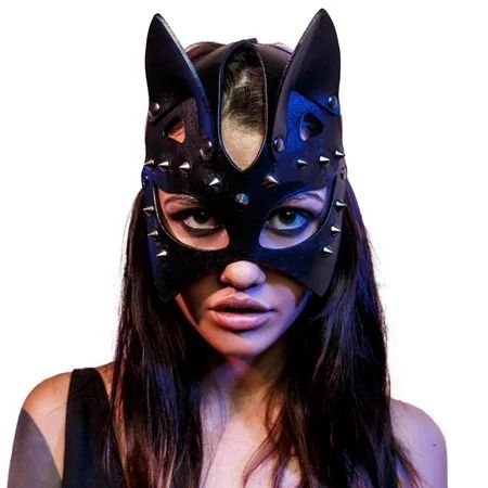 Sexy Cosplay Cat PU Leather Rivet Mask Cat Ear Half Face Mask Halloween Rave Carnival Masquerade Mas | Walmart (US)