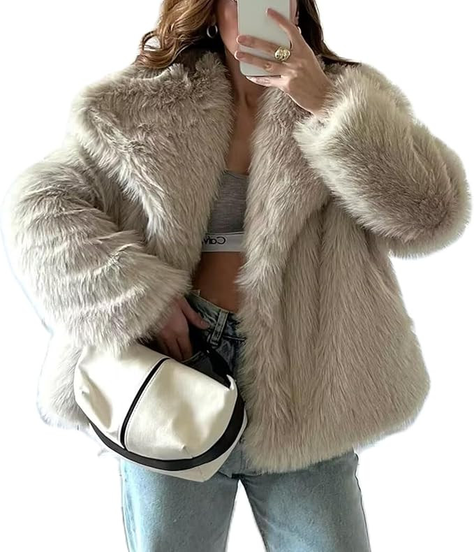 Mtsebmves Women's Cropped Faux Fur Jacket Long Sleeve Button Warm Winter Coats Shaggy Furry Outer... | Amazon (US)
