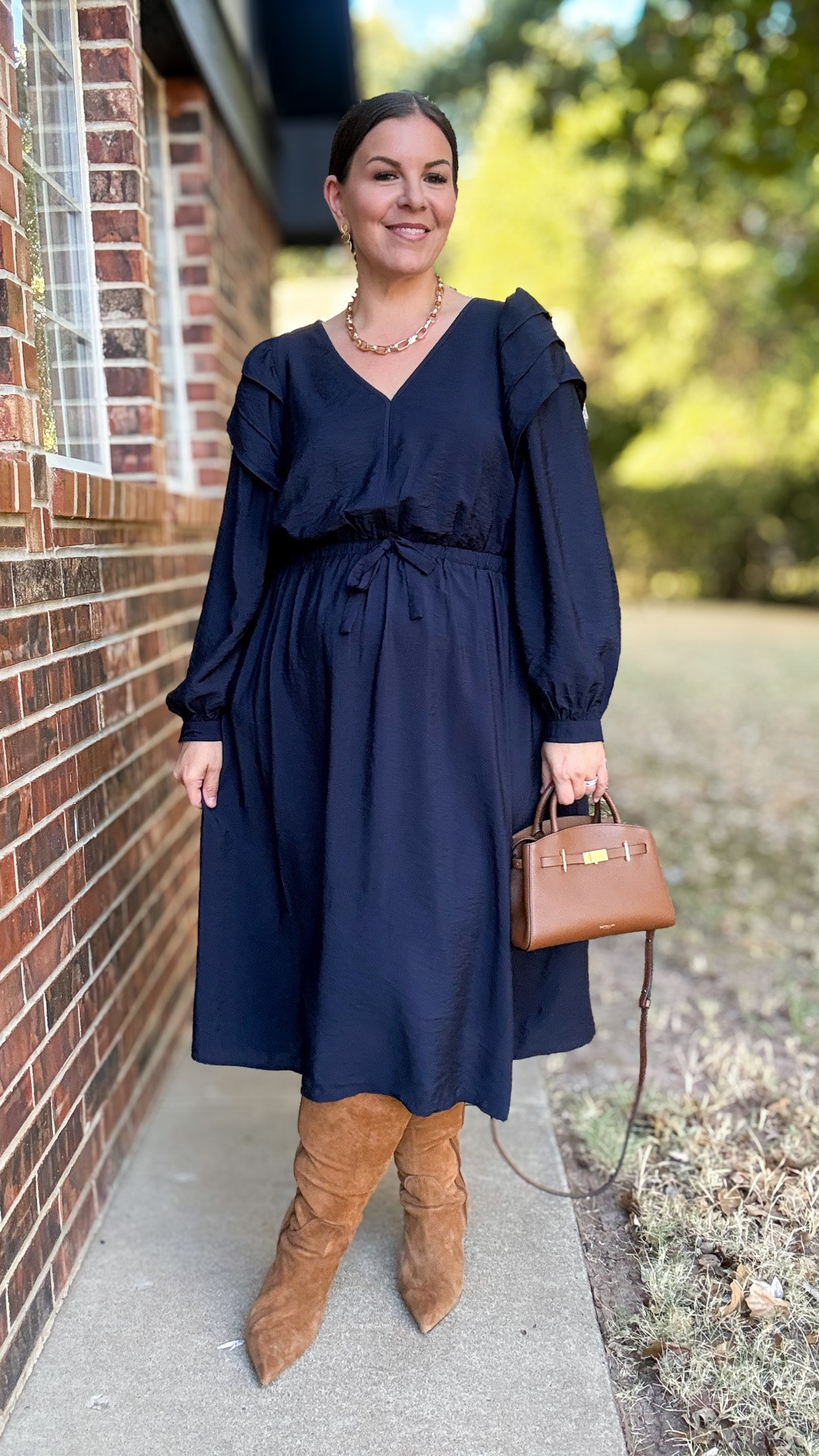 A good dress is your one and done fall outfit and this one is STUNNING! This is a curve friendly option from Walmart under $35. I'm wearing the 0X. This would work as a fall wedding guest dress or for fall family photos! 

 #LTKOver40 #LTKMidsize #LTKPlusSize