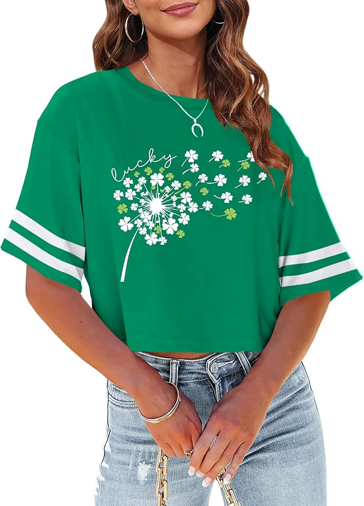 St Patricks Day Shirt Women Crop: Funny Irish Shamrock Graphic St Pattys Crop Tops Short Sleeve T... | Amazon (US)