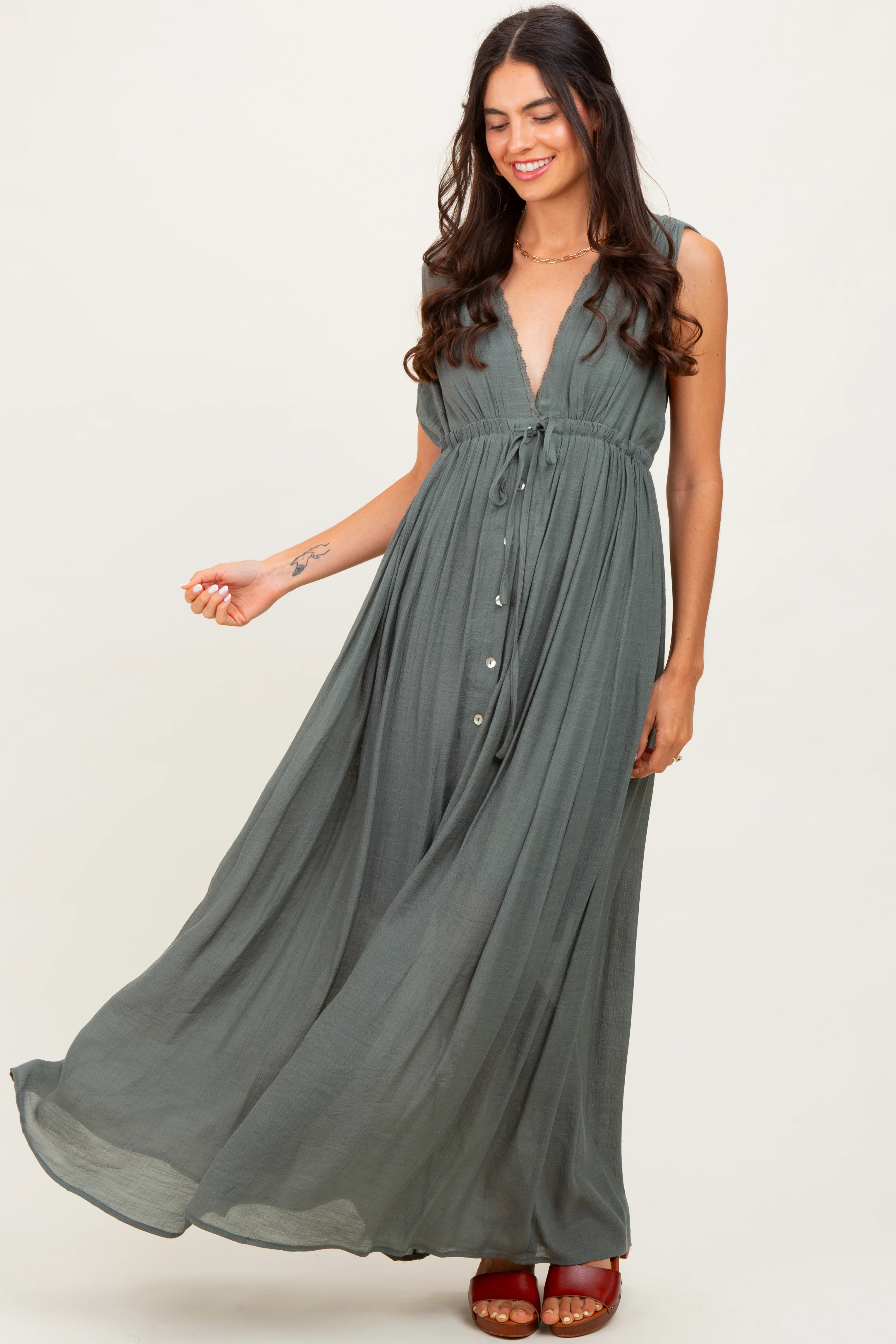 Olive Deep V-Neck Sleeveless Button Down Maxi Dress | PinkBlush Maternity