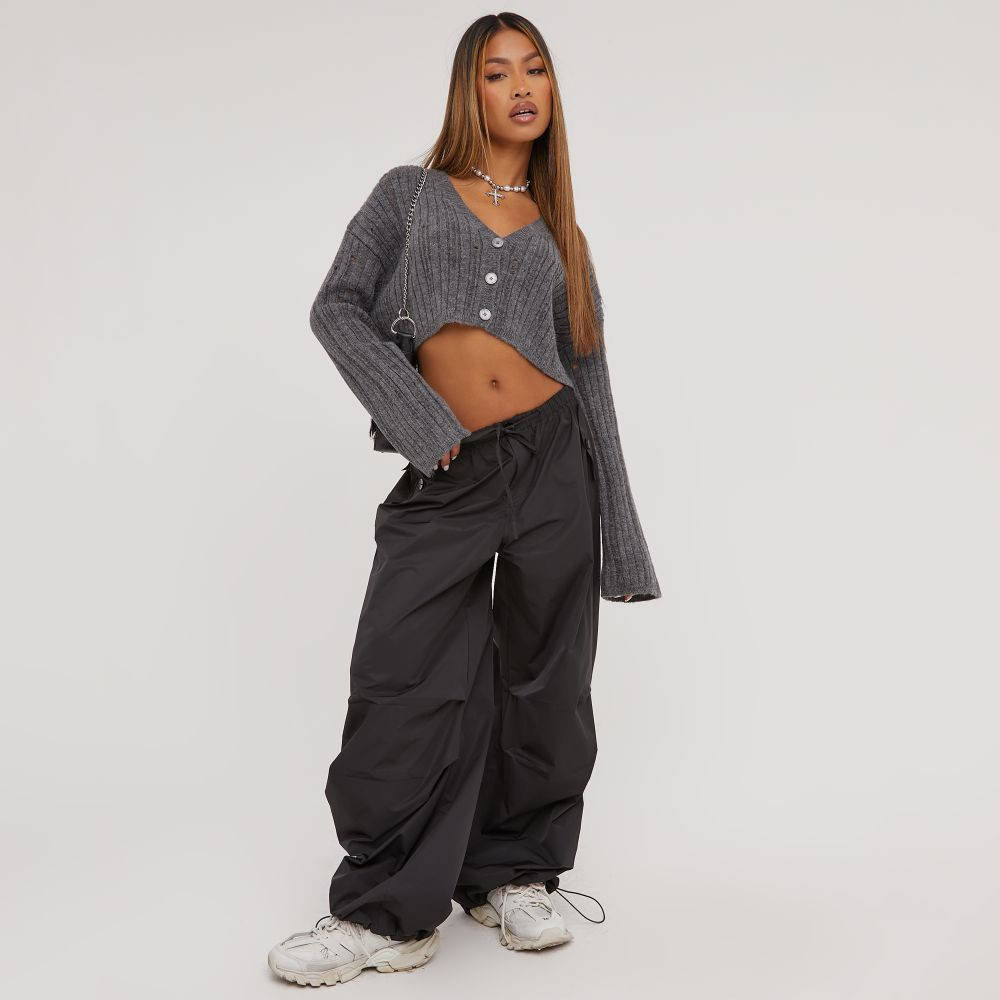 V Neck Button Front Cropped Cardigan In Charcoal Knit | EGO (UK)