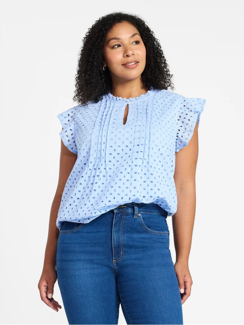 Time and Tru Women's Cotton Eyelet Top with Short Flutter Sleeves, Sizes XS-XXXL | Walmart (US)