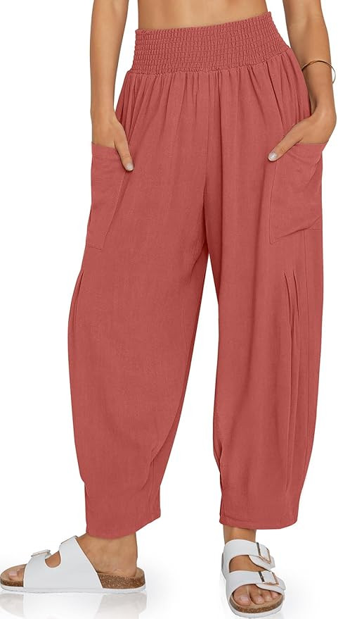TARSE Women Linen Boho Pants Summer Casual Loose High Waist Cargo Lounge Harem Pant 2025 Beach Tr... | Amazon (US)