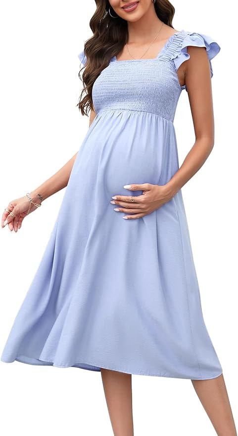 Womens Maternity Dress for Photoshoot Baby Shower Flutter Strap Sleeve Square Neck Smocked Maxi B... | Amazon (US)