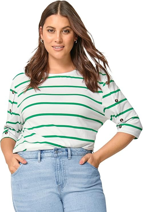 Ellos Women's Plus Size Striped Button Sleeve Tee | Amazon (US)