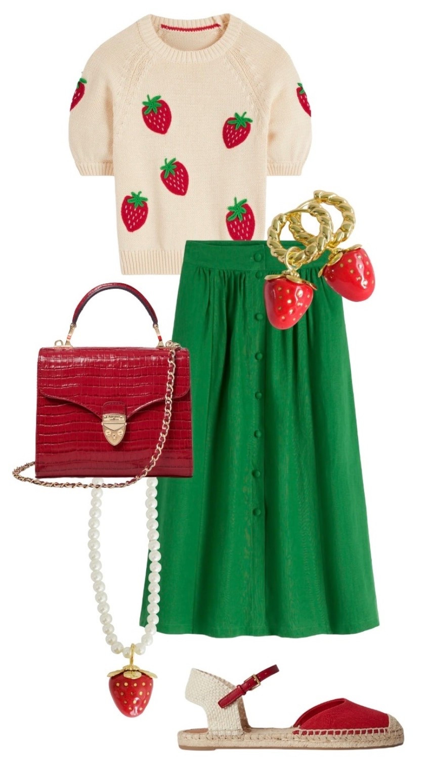 The most adorable Wimbledon look featuring a strawberry short sleeve knit, a green linen skirt, red shoes and bag and strawberry earrings and necklace! Strawberry outfit season means that these won’t be around for long 🍓 

Strawberry Knit & Green Linen Skirt - Boden

Red Leather Midi Mayfair Bag - Aspinal of London

Red Flat Espadrilles - Ralph Lauren

Strawberry Enamel Earrings & Necklace - Pop Porcelain at Wolf & Badger

#LTKsummer #LTKuk #LTKeurope